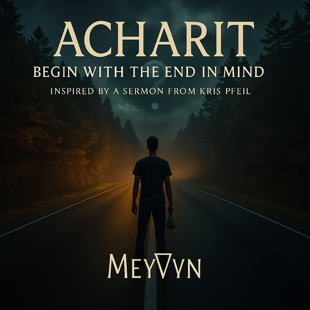 Album cover for Acharit by MeyVyn. A cracked desert plain stretches toward a glowing horizon where light breaks through gathering clouds. Faint Hebrew lettering for “אַחֲרִית” (“Acharit,” meaning the end or latter days) is inscribed across the sky. The title “ACHARIT” appears in ancient-style gold serif text at the top, with the MeyVyn logo centered at the bottom. The palette of sand, bronze, and celestial blue evokes prophetic fulfillment and divine continuity.