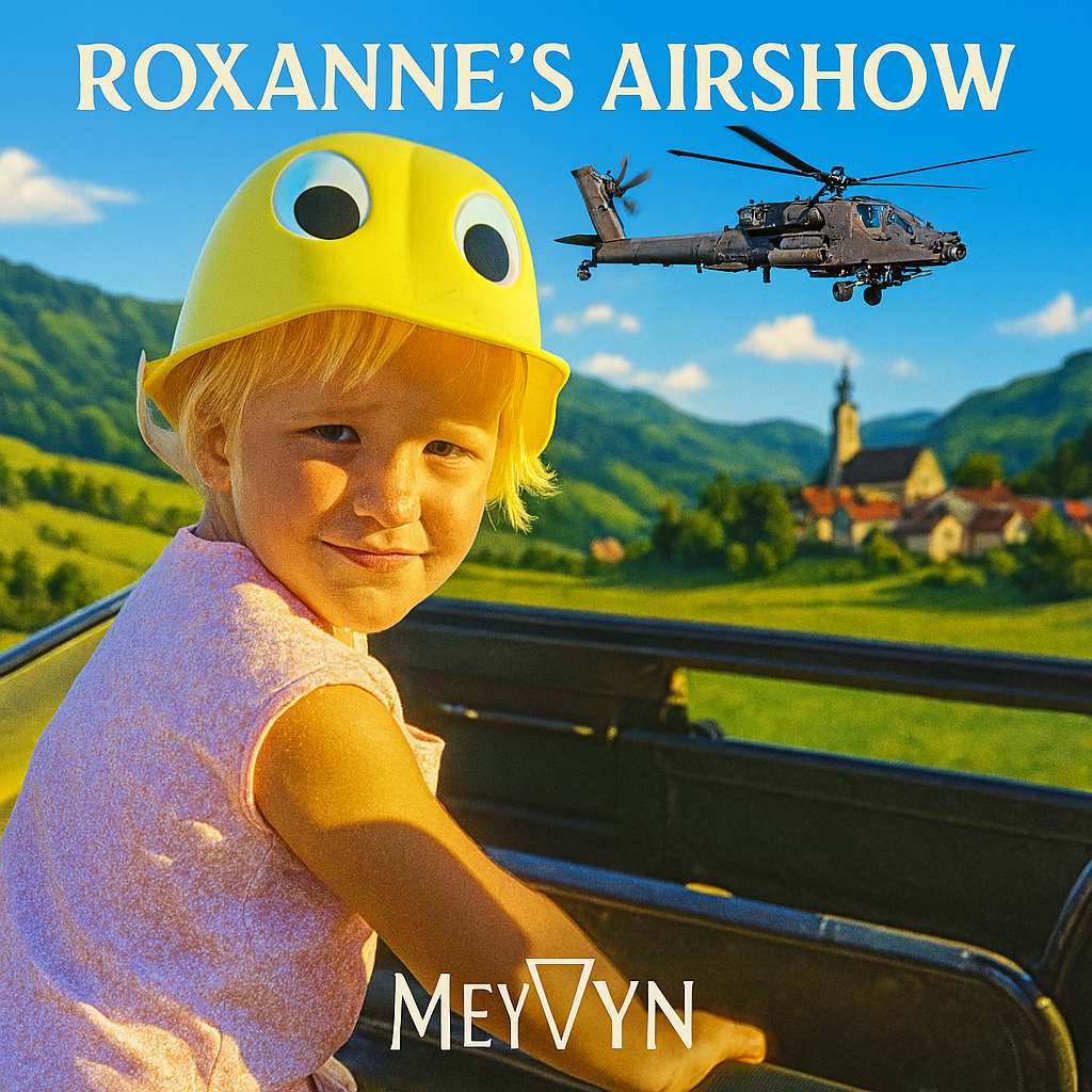 “Roxanne album cover by MeyVyn, showing a vintage airplane soaring above a desert landscape, with a bold, smiling woman sketched into the sky, symbolizing adventure, humor, and a love story that never lands.”