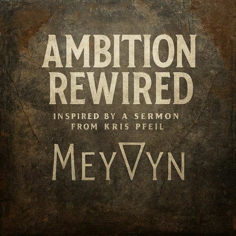“Ambition Rewired album cover by MeyVyn, featuring a tangled mass of electric guitar cables forming the shape of a heart, symbolizing the redirection of human ambition towards godly purpose.”