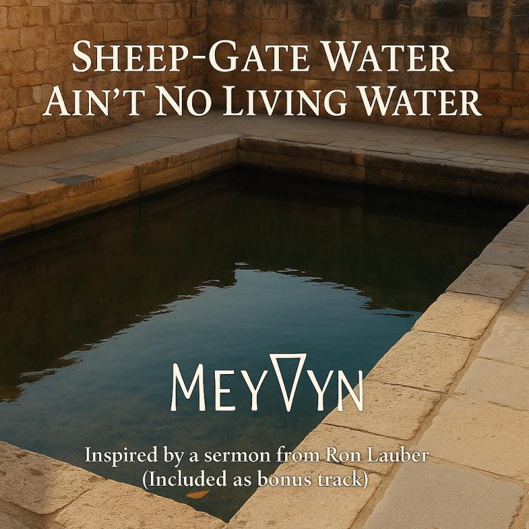 “Sheep-Gate Water Ain’t No Living Water album cover by MeyVyn, featuring a rustic stone gate with a pool of stagnant water, symbolizing the contrast between religion and living grace.”