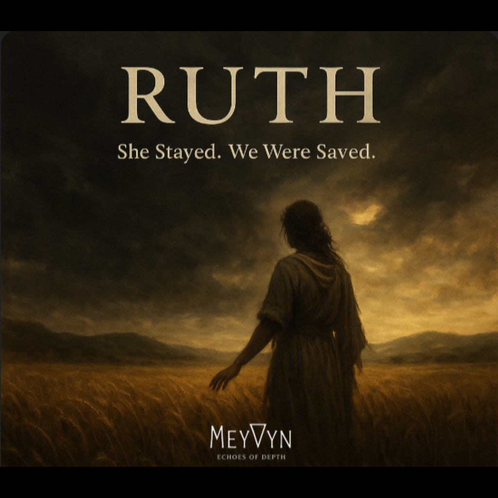 “Ruth album cover by MeyVyn, featuring golden wheat fields under a twilight sky, with a solitary figure gleaning in the distance, symbolizing loyalty, redemption, and quiet strength.”