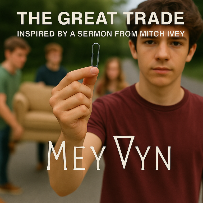 “The Great Trade album cover by MeyVyn, featuring two outstretched hands—one releasing broken chains, the other receiving a crown of thorns—symbolizing the exchange of bondage for redemption.”