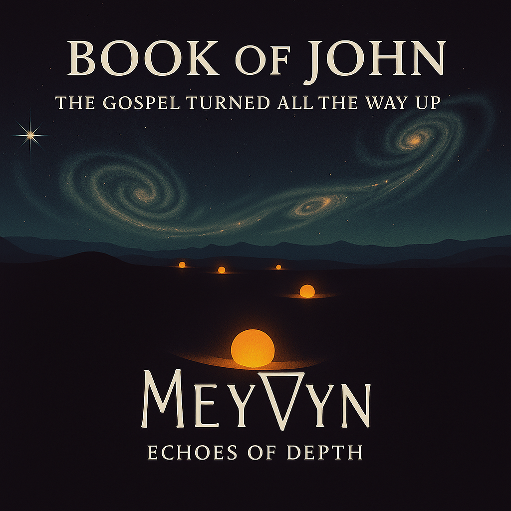 “Book of John album cover by MeyVyn, featuring a vivid burst of light breaking through a stone tomb entrance, symbolizing resurrection power and the Gospel turned up to full intensity.”