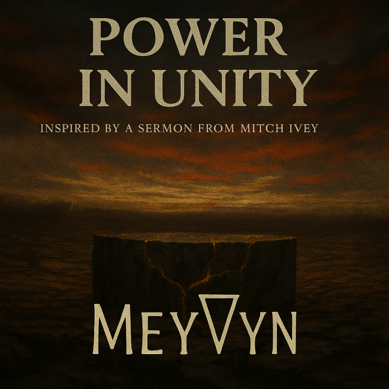 “Power In Unity album cover by MeyVyn, showing a group of hands—different skin tones—gripping a single iron chain, symbolizing the raw strength found in collective unity against division.”