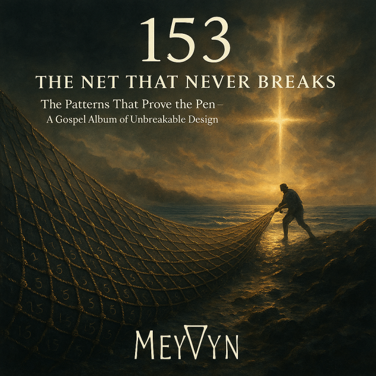 “MeyVyn album cover for 153: The Net That Never Breaks, featuring symbolic imagery of an unbroken fishing net, gospel patterns, and the MeyVyn inverted triangle logo at the bottom center.”