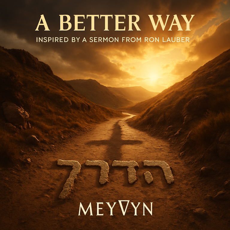 “MeyVyn album cover for A Better Way, featuring imagery of a narrow, illuminated path cutting through darkness, symbolizing Jesus’ call to live stronger, not softer. MeyVyn logo bottom center.”