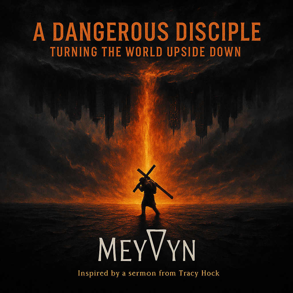 “MeyVyn album cover for Dangerous, featuring bold high-contrast imagery of fire meeting steel, symbolizing raw truth that cuts through culture, with the MeyVyn logo bottom center.”
