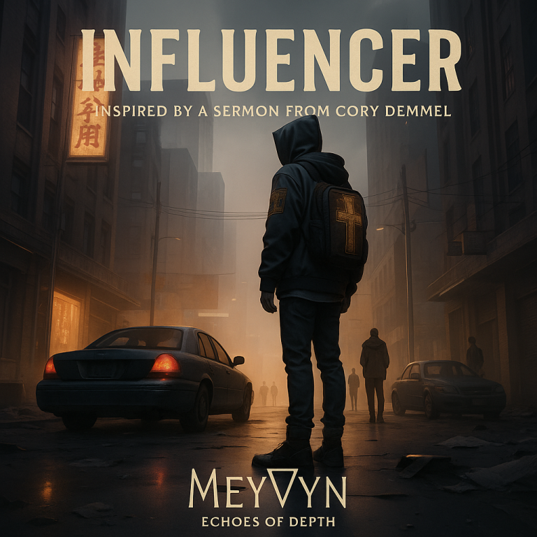 “MeyVyn album cover for Influencer, featuring stark modern imagery of a lone figure standing between shadows and light, symbolizing cultural engagement and infiltration. MeyVyn logo bottom center.” Title: “Influencer – MeyVyn”