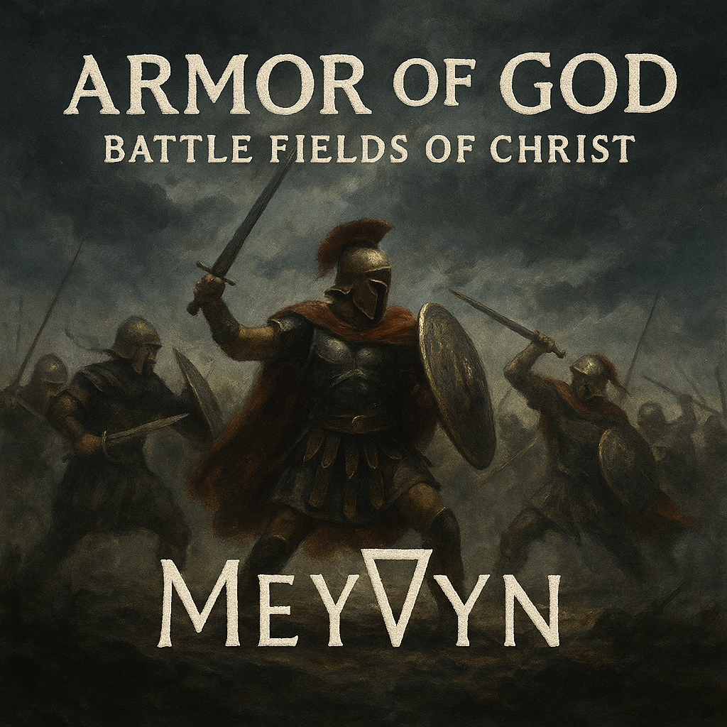 “MeyVyn album cover for Armor, featuring imagery of battle-worn armor illuminated by a piercing light, symbolizing spiritual warfare and protection, with the MeyVyn logo bottom center.”