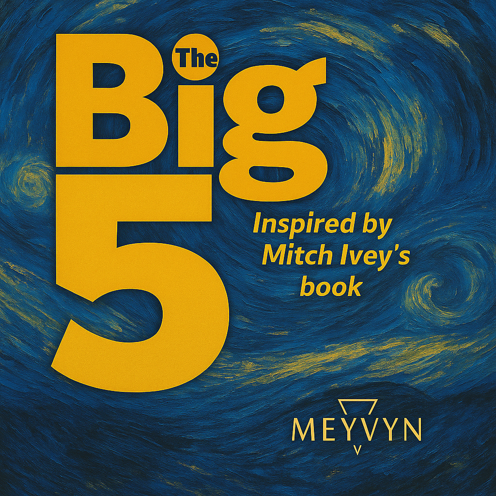 Album cover for The Big5 Songs by MeyVyn. The artwork features a glowing burnt-orange and gold color palette with textured stone and metallic elements. The title “THE BIG 5” appears in bold serif lettering at the top, with the subtitle “Inspired by Pastor Mitch Ivey” beneath it. The MeyVyn logo is centered at the bottom, all within a perfectly square 1:1 frame. The visual conveys strength, wisdom, and spiritual grounding.