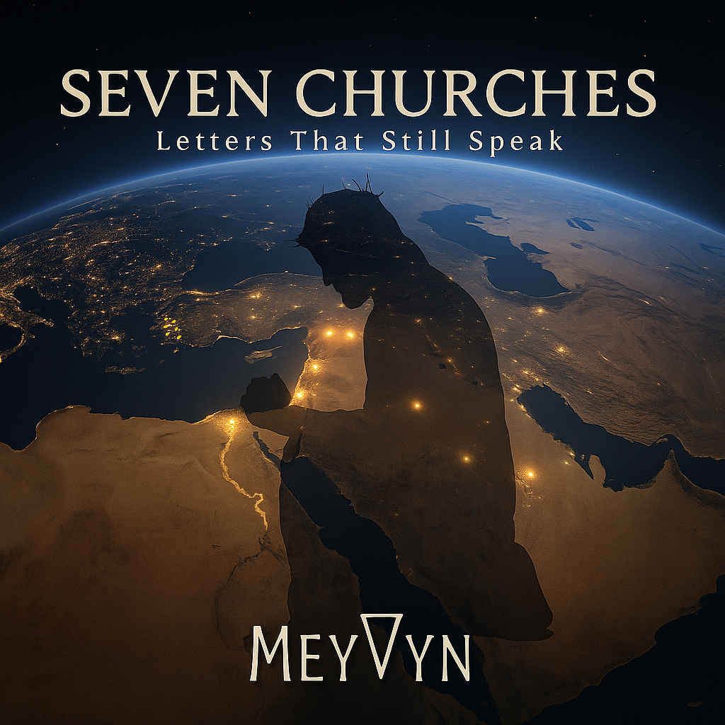 “MeyVyn album cover for Seven Churches, featuring seven glowing embers set against a dark backdrop of Asia Minor, symbolizing the letters in Revelation. MeyVyn logo bottom center.”