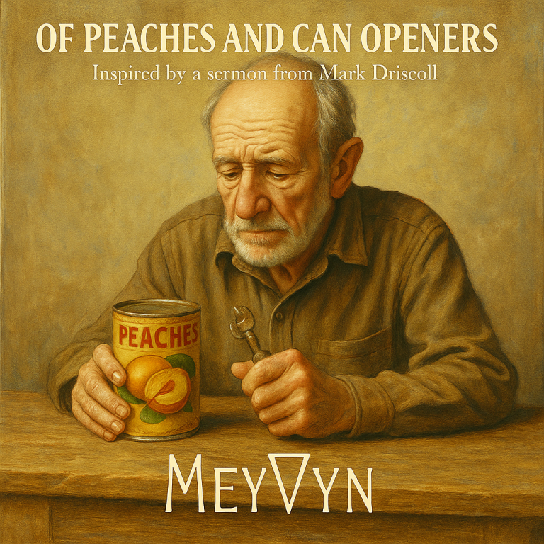 “MeyVyn album cover for Of Peaches and Can Openers, featuring a Norman Rockwell-style can of peaches with a rusty can opener beside it, symbolizing life’s vanity and futility. MeyVyn logo bottom center.” Title: “Of Peaches and Can Openers – MeyVyn”