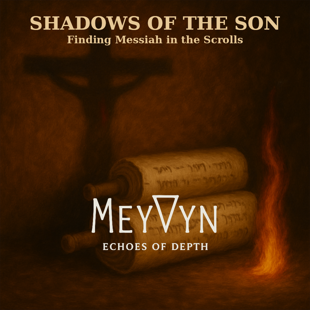 Album cover for Shadows of the Son by MeyVyn. Rays of golden sunlight pierce through a stormy sky, casting long shadows that form the shape of a cross across a barren landscape. The title “SHADOWS OF THE SON” appears in bold gold serif text at the top, with the MeyVyn logo centered at the bottom. The image blends darkness and radiance, symbolizing the paradox of suffering and redemption at the heart of the gospel.