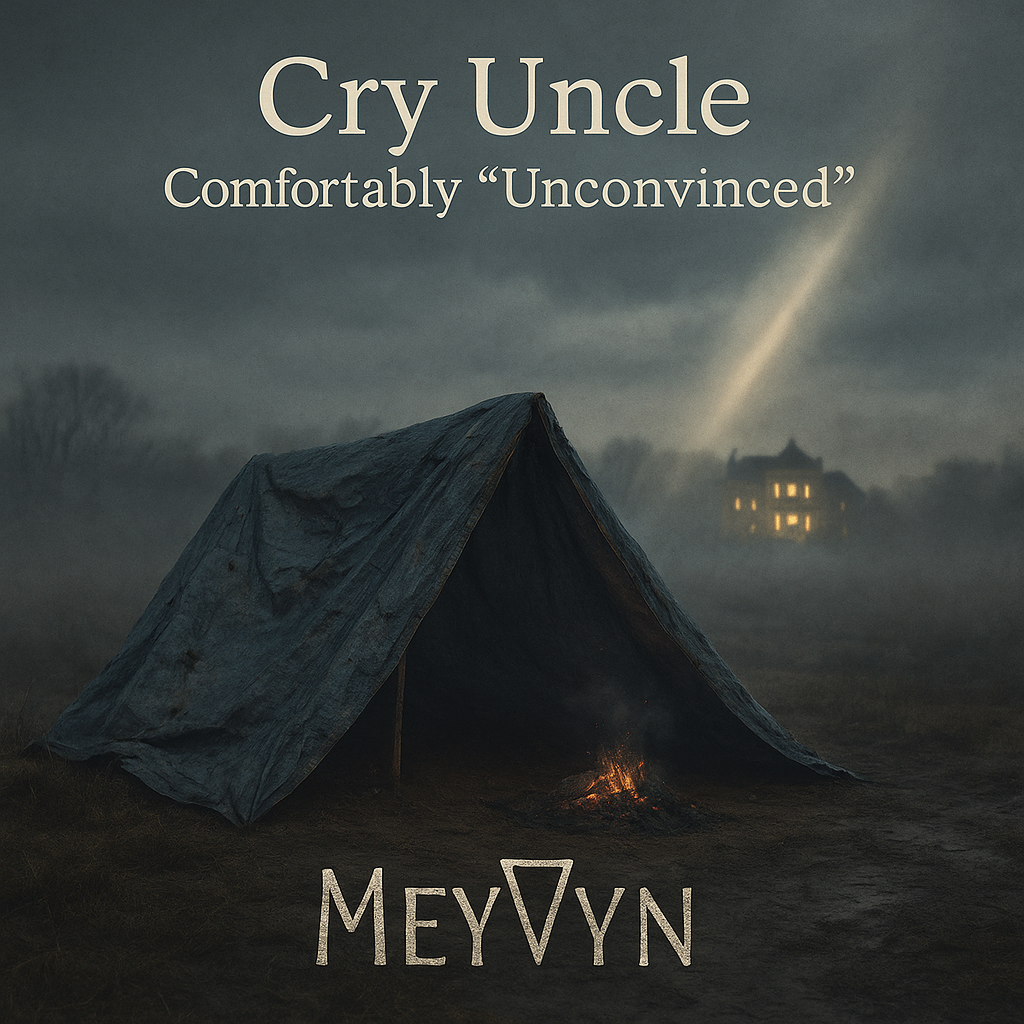Album cover for Cry Uncle by MeyVyn. A rugged, emotional image featuring cracked pavement under a dim sky with soft golden light breaking through clouds. A lone figure stands in reflection — symbolic of humility, reconciliation, and coming to terms with the past. The title “CRY UNCLE” appears boldly at the top in distressed serif lettering, with “MEYVYN” centered at the bottom. The composition balances grit and grace, reflecting the tension between pride and surrender.