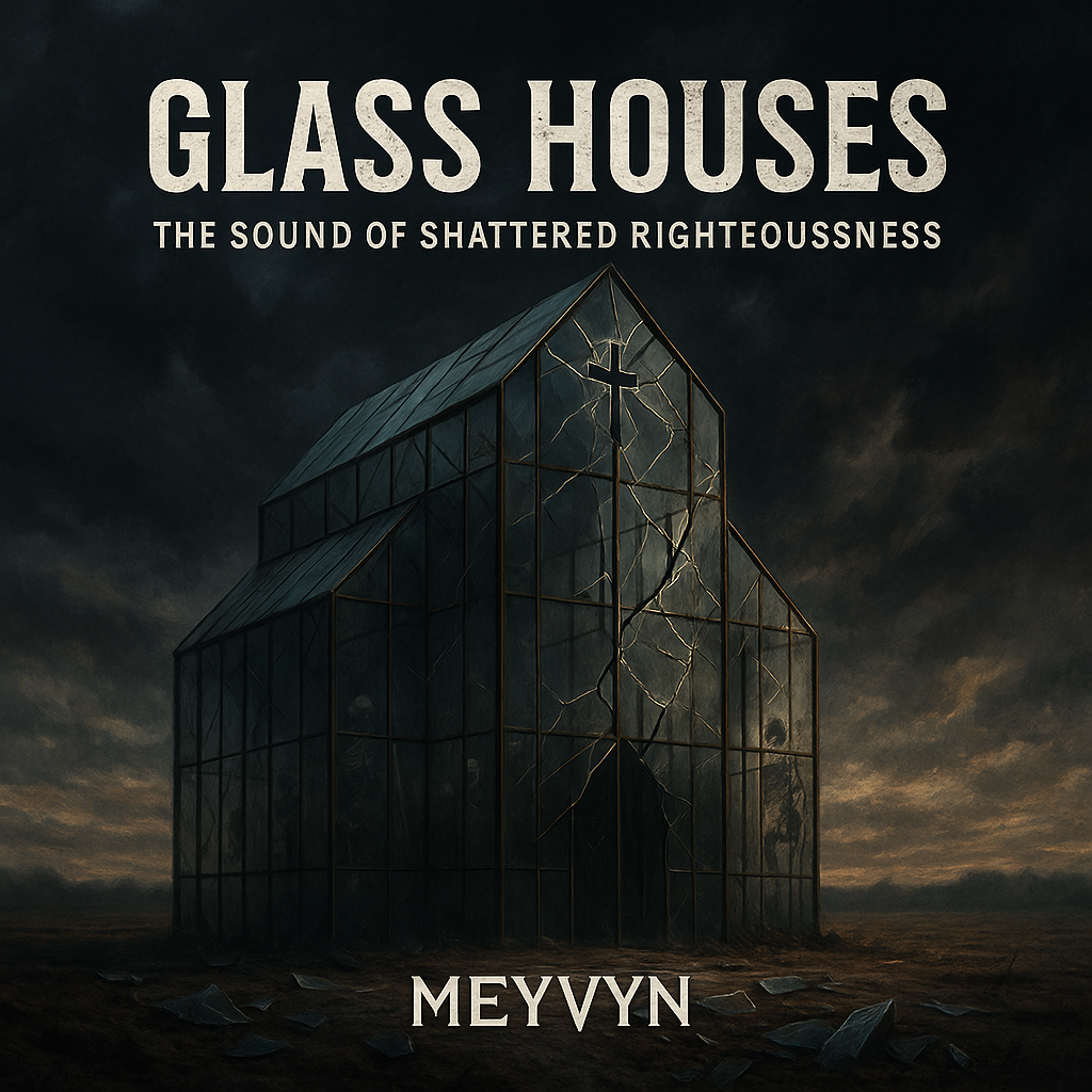 “MeyVyn album cover for Glass Houses, featuring fractured glass imagery with sharp edges, layered textures, and the MeyVyn inverted triangle logo at the bottom center.”