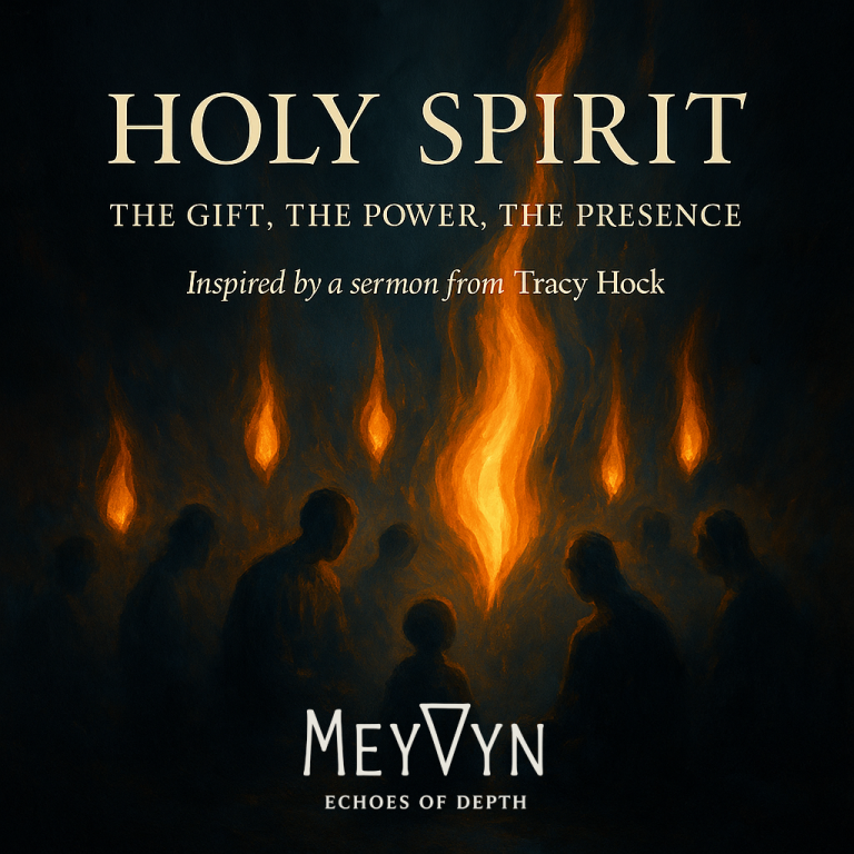 Album cover for Holy Spirit by MeyVyn. Golden fire swirls upward into a bright beam of white light surrounded by soft, smoky haze. The faint outline of a dove forms within the light at the center. The title “HOLY SPIRIT” glows at the top in gold serif lettering, while the MeyVyn logo is centered at the bottom. The warm palette of amber, ivory, and deep indigo evokes divine presence, purity, and power.
