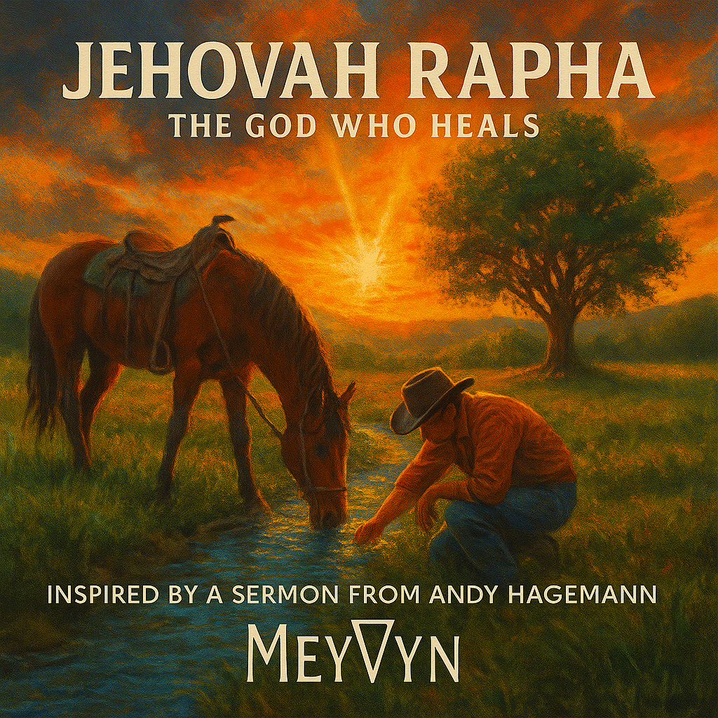 “MeyVyn album cover for Jehovah Rapha, The God Who Heals, featuring imagery of light breaking through storm clouds, symbolizing healing and restoration, with the MeyVyn logo bottom center.”