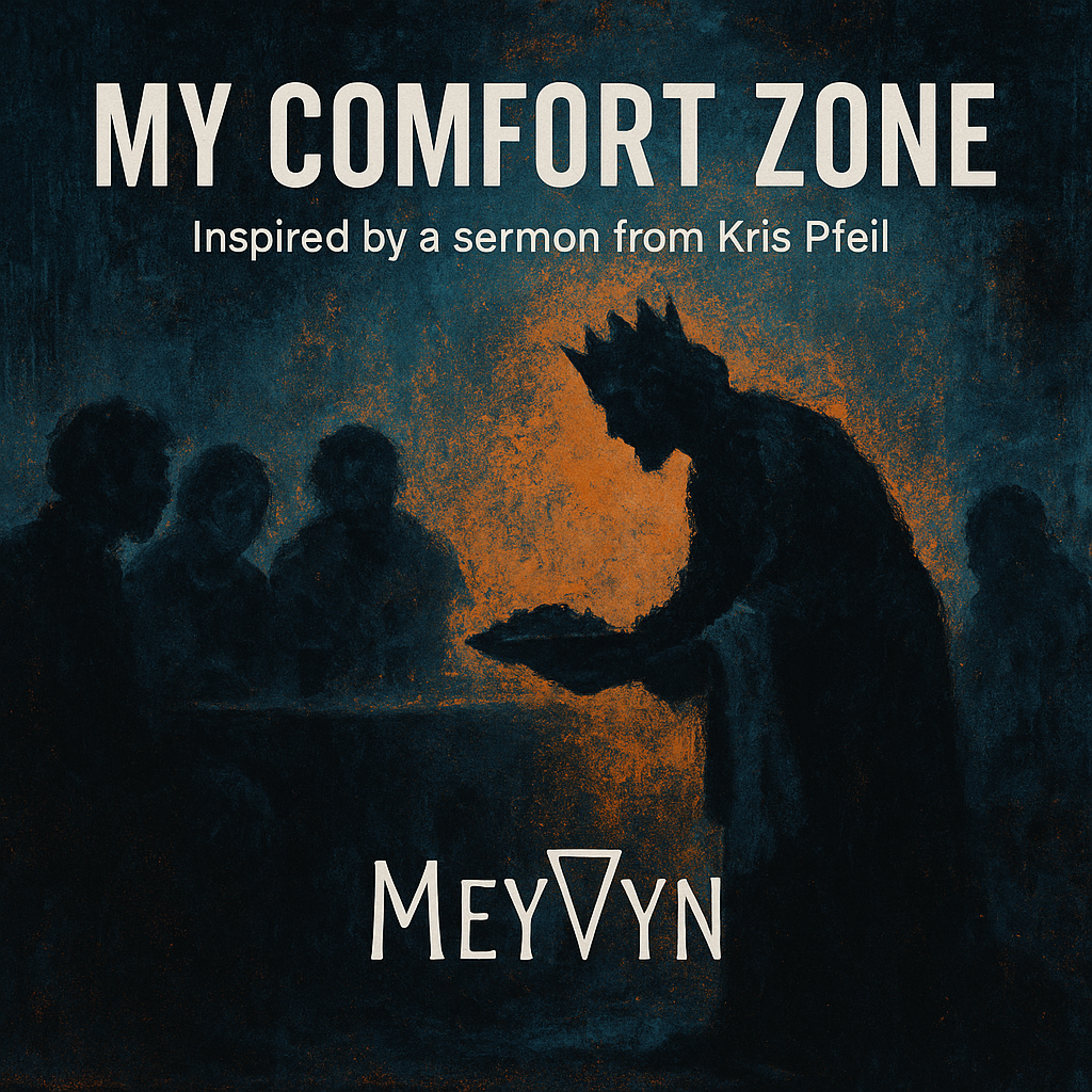 Album cover for My Comfort Zone by MeyVyn. A worn leather chair sits alone in a dimly lit room. Light pours through half-closed blinds, cutting across the darkness in narrow beams. The title “MY COMFORT ZONE” appears at the top in soft gold serif lettering, while the MeyVyn logo rests centered at the bottom. The image captures tension between peace and paralysis — a space once safe now illuminated by conviction.