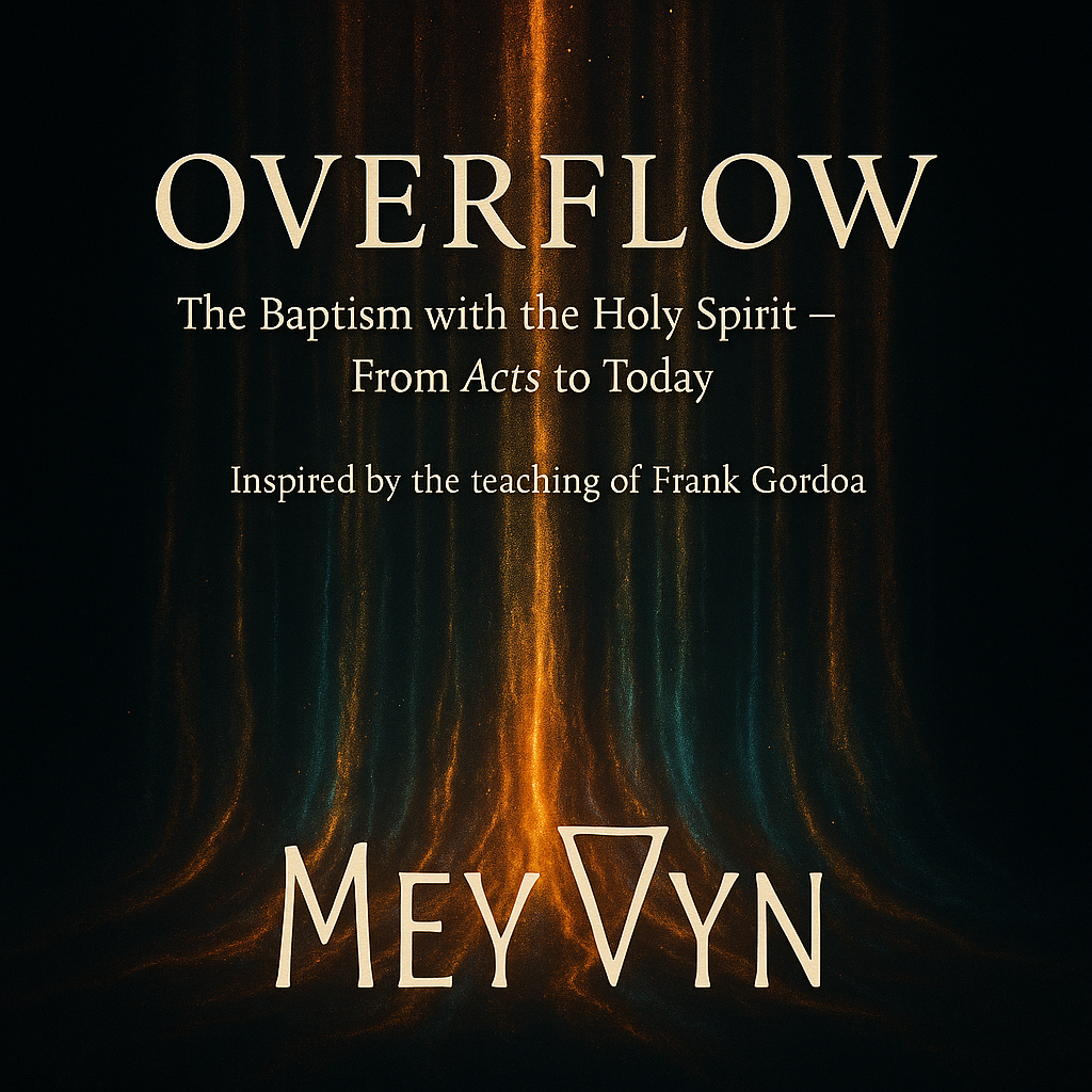 “MeyVyn album cover for Overflow, featuring water cascading from a vessel that never empties, glowing with light, symbolizing the baptism with the Holy Spirit. MeyVyn logo bottom center.”