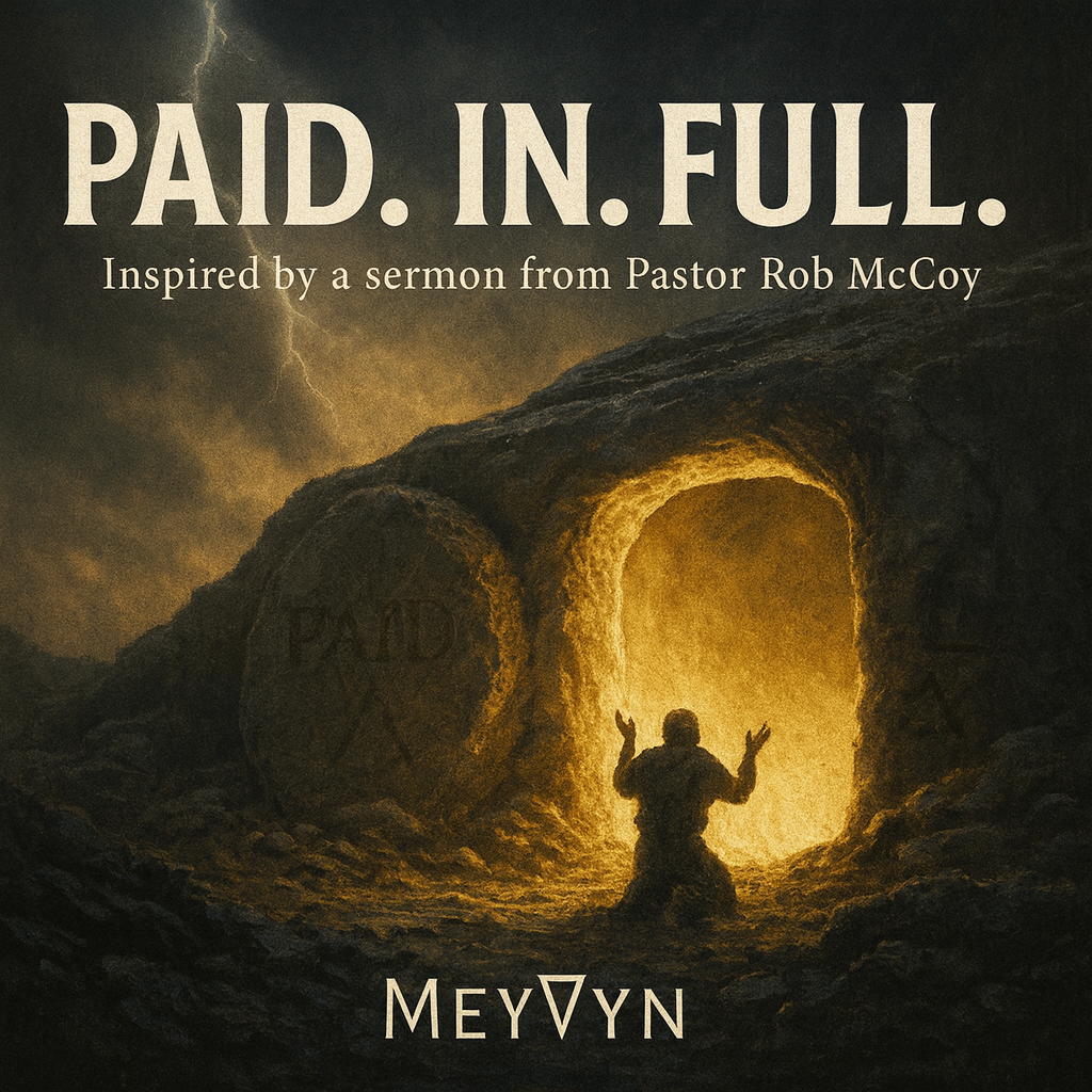 “MeyVyn album cover for Paid in Full, featuring stark imagery of a blood-stained receipt nailed to wood, symbolizing redemption and final payment, with the MeyVyn logo bottom center.”
