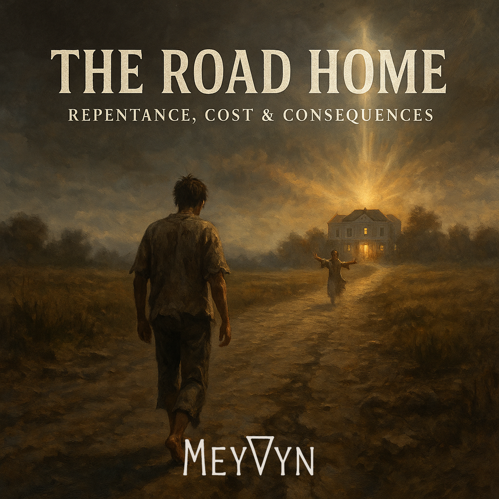 Album cover for The Road Home by MeyVyn. A long, winding road stretches toward a golden horizon beneath a wide, open sky. Soft rays of sunlight break through scattered clouds, illuminating the path ahead. The title “THE ROAD HOME” appears in elegant gold serif text at the top, while the MeyVyn logo rests centered at the bottom. The image evokes themes of journey, redemption, and returning to grace.