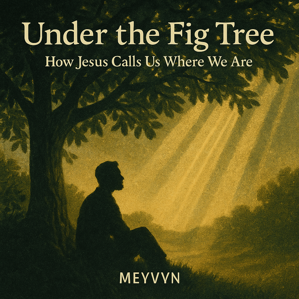 “MeyVyn album cover for Fig Tree, featuring prophetic imagery of a lone fig tree against a storm-streaked sky, with cracks of light breaking through. MeyVyn logo bottom center.”