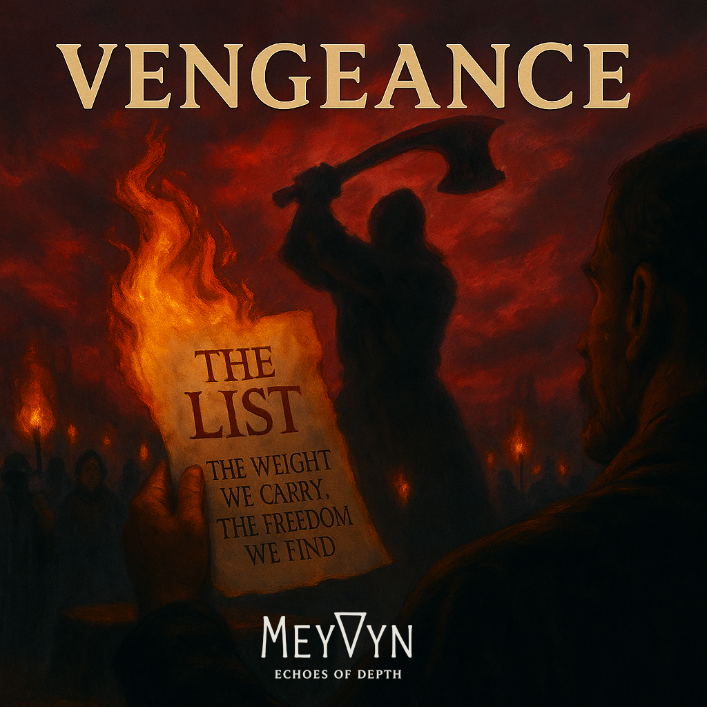 Album cover for Vengeance by MeyVyn. A jagged blade glows faintly red against a backdrop of storm clouds and fractured stone. Lightning cuts through the darkness, illuminating the word “VENGEANCE” in bold metallic serif text at the top. Fiery embers drift upward as the MeyVyn logo rests centered at the bottom. The design conveys divine justice, righteous anger, and the burning purity of truth.