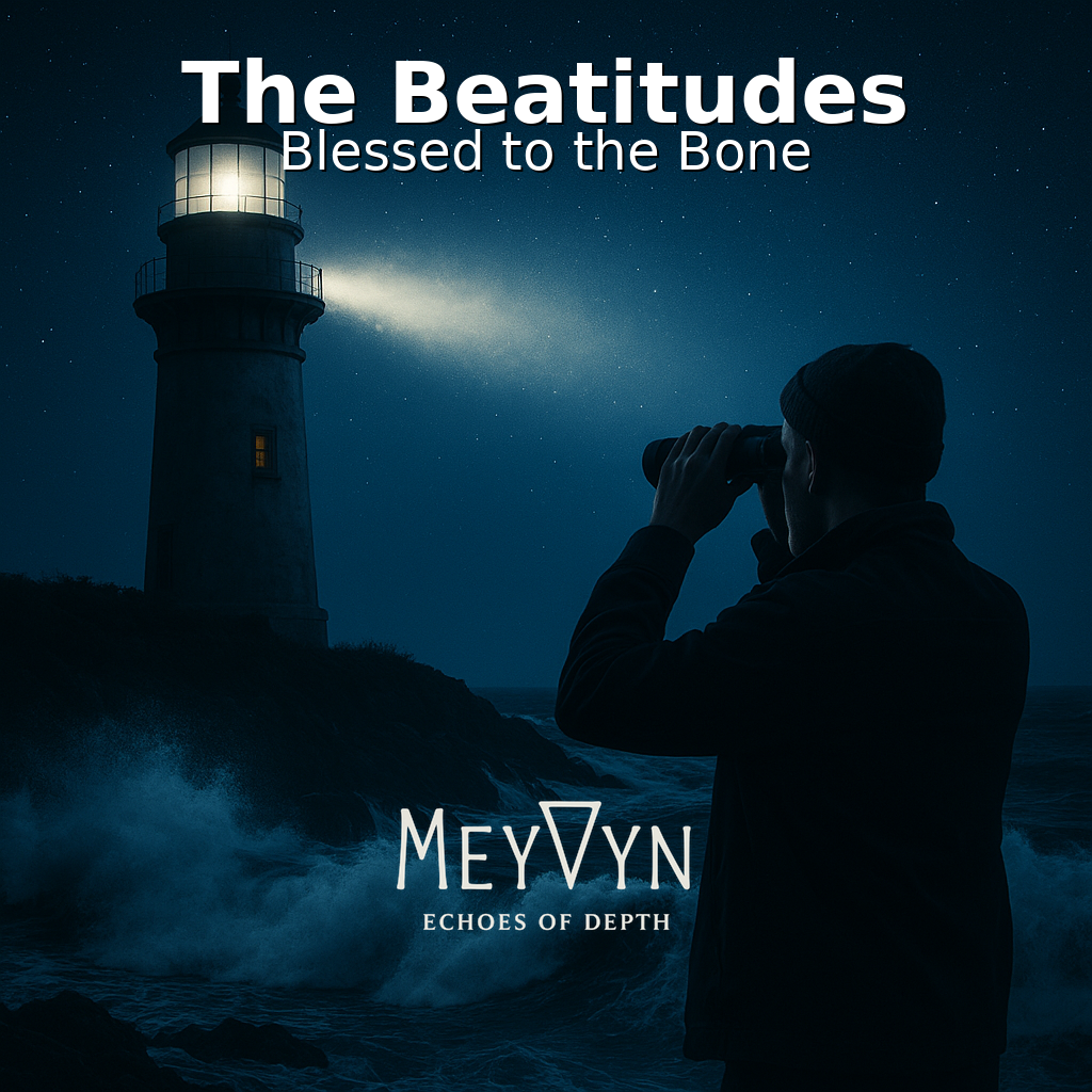 “MeyVyn album cover for Beatitudes, featuring serene imagery of light over a hillside, echoing the Sermon on the Mount, with the MeyVyn logo bottom center.”