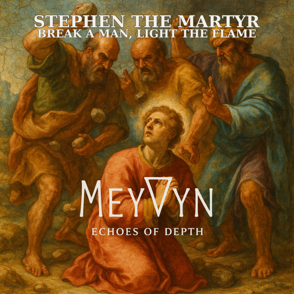 “MeyVyn album cover for Stephen, depicting a dramatic scene of stones falling against a backdrop of radiant light, symbolizing sacrifice, courage, and unwavering faith. MeyVyn logo bottom center.”