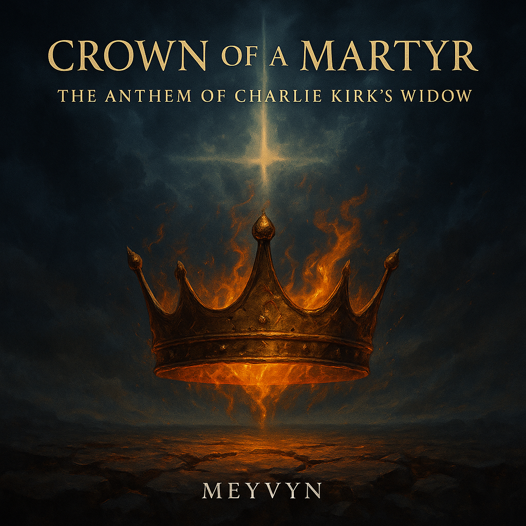 “Album cover for Crown of a Martyr by MeyVyn. A glowing golden crown hovers above cracked ground surrounded by rising fire and smoke. A beam of light forms a faint cross above the crown against a dark, stormy sky. Title text ‘CROWN OF A MARTYR’ appears at the top in gold lettering with the subtitle ‘The Anthem of Charlie Kirk’s Widow’ beneath it, and the artist name ‘MEYVYN’ centered at the bottom.”