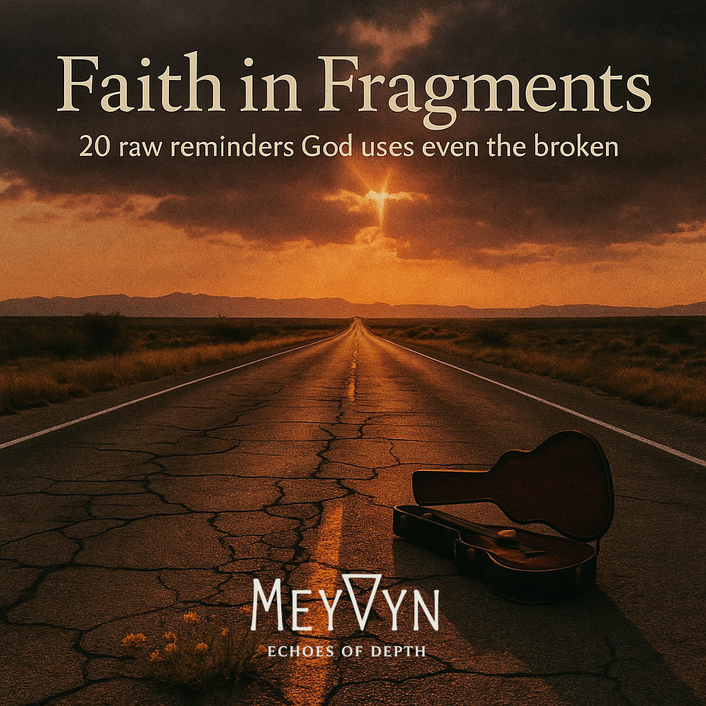 Album cover for Faith in Fragments by MeyVyn. A glowing mosaic of shattered glass reflects light in blues, golds, and silvers. The broken pieces form a faint cross at the center, symbolizing restoration through brokenness. The title “FAITH IN FRAGMENTS” appears at the top in elegant serif gold text, and the MeyVyn logo is centered at the bottom within a square frame. The artwork captures themes of redemption, resilience, and beauty emerging from brokenness.