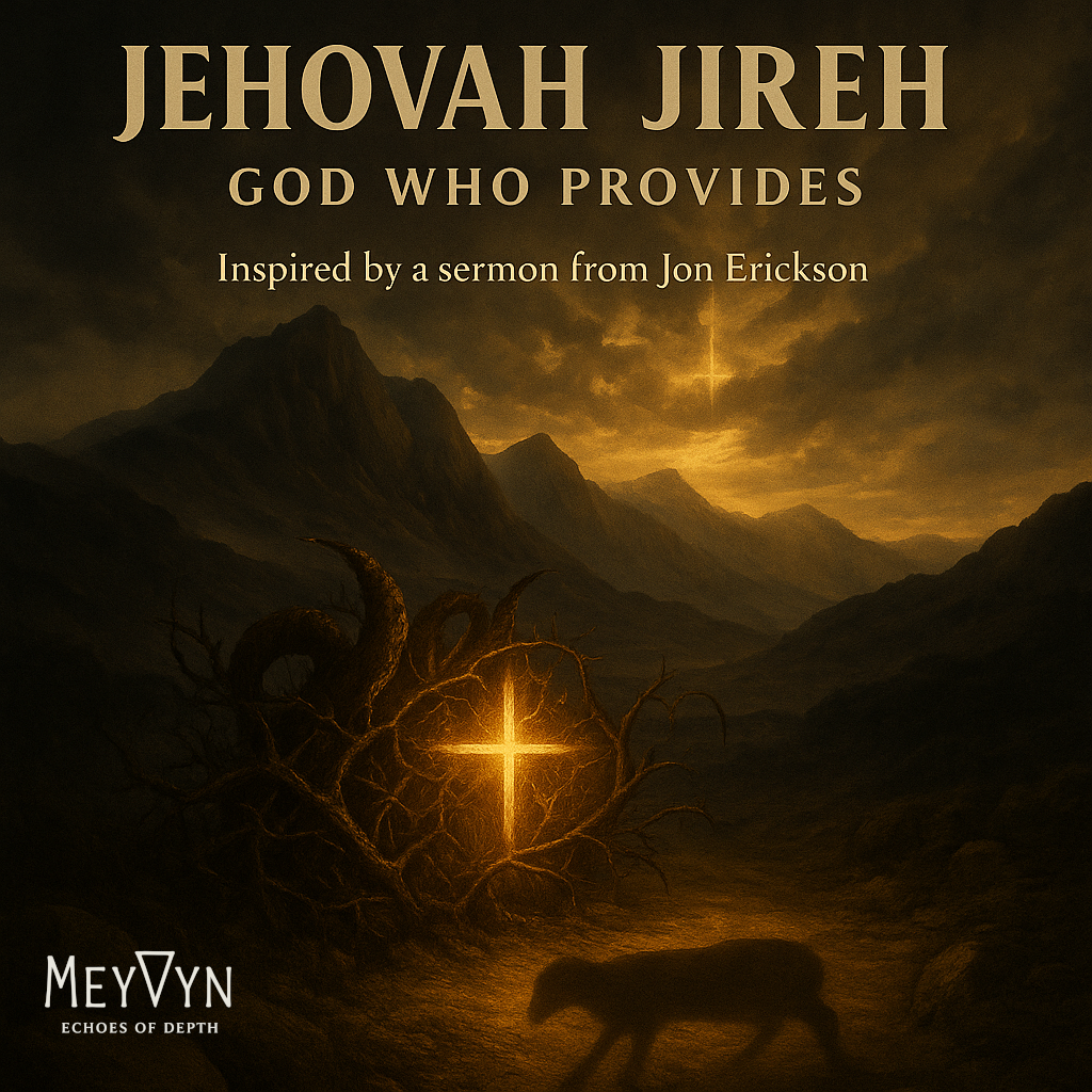 Album cover for Jehovah Jireh by MeyVyn. A golden sunrise bursts over a mountain ridge, its light forming a cross within the clouds. The title “JEHOVAH JIREH” appears at the top in radiant gold serif text, glowing against a backdrop of soft blues and amber tones. The MeyVyn logo is centered at the bottom. The design symbolizes divine provision, faith under pressure, and the moment light breaks through need.