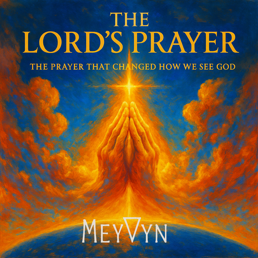 Album cover for Lord’s Prayer by MeyVyn. A beam of golden light descends onto aged parchment etched with faint script in ancient Greek and English. Dust particles shimmer in the air, forming the shape of a cross. The title “LORD’S PRAYER” appears at the top in elegant gold serif type, with the MeyVyn logo centered at the bottom. The design radiates reverence, simplicity, and divine focus.