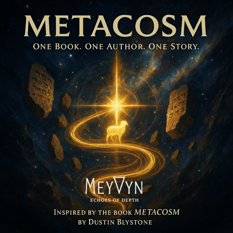 Album cover for METACOSM by MeyVyn. A luminous spiral galaxy expands across a dark expanse of deep blue and violet space. Lines of sacred geometry radiate outward, forming a faint triangle and cross at the center. The title “METACOSM” glows in silver serif text at the top, while the MeyVyn logo is centered at the bottom. The image evokes awe, divinity, and the mystery of creation — where the cosmic and the spiritual collide.