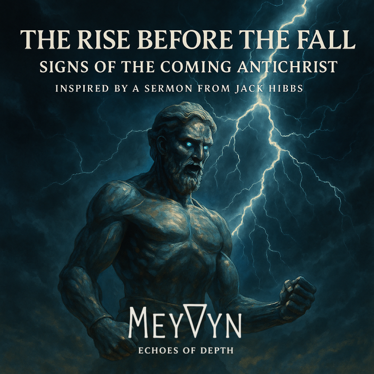 Album cover for The Rise Before the Fall by MeyVyn. A lone figure climbs a sunlit ridge as storm clouds churn overhead. The rising light illuminates the path upward while shadows spill below, forming a faint cross across the terrain. The title “THE RISE BEFORE THE FALL” appears in gold serif text at the top, glowing faintly against a dark horizon. The MeyVyn logo rests centered at the bottom. The image symbolizes humility, redemption, and the paradox of victory through surrender.