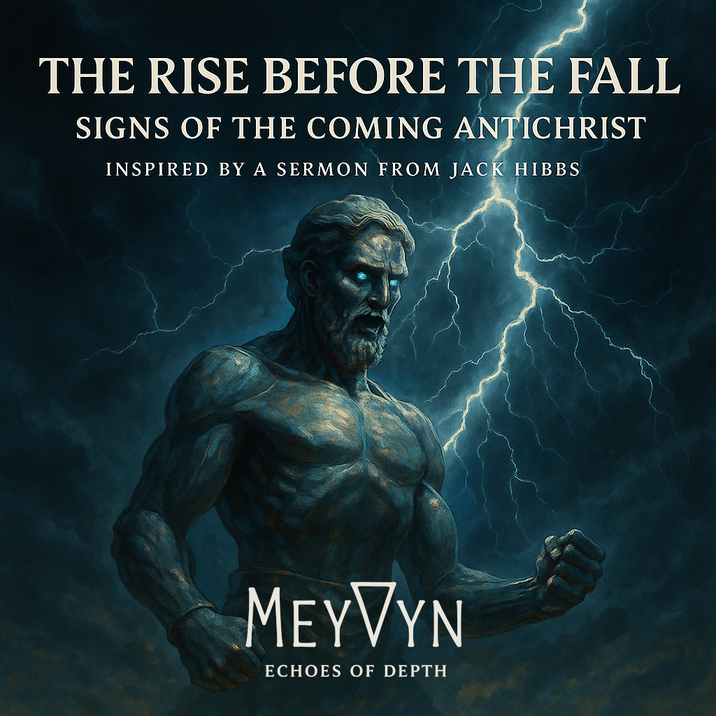 Album cover for The Rise Before the Fall by MeyVyn. A lone figure climbs a sunlit ridge as storm clouds churn overhead. The rising light illuminates the path upward while shadows spill below, forming a faint cross across the terrain. The title “THE RISE BEFORE THE FALL” appears in gold serif text at the top, glowing faintly against a dark horizon. The MeyVyn logo rests centered at the bottom. The image symbolizes humility, redemption, and the paradox of victory through surrender.