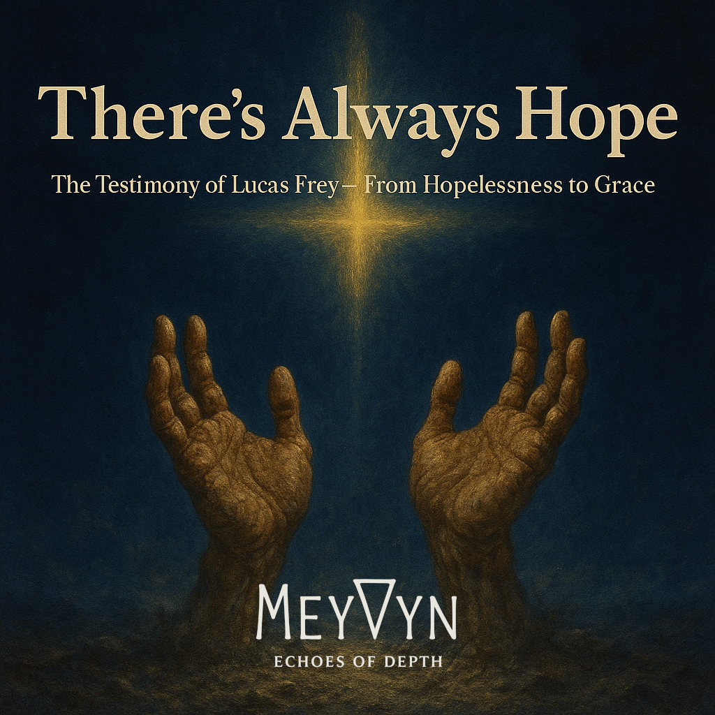 Album cover for There’s Always Hope by MeyVyn. Golden light breaks through storm clouds over a calm horizon. A single tree stands silhouetted against the dawn, symbolizing endurance and renewal. The title “THERE’S ALWAYS HOPE” glows softly in white serif text across the top, with the MeyVyn logo centered at the bottom. The warm palette of gold, blue, and pale amber conveys peace, faith, and fresh beginnings.