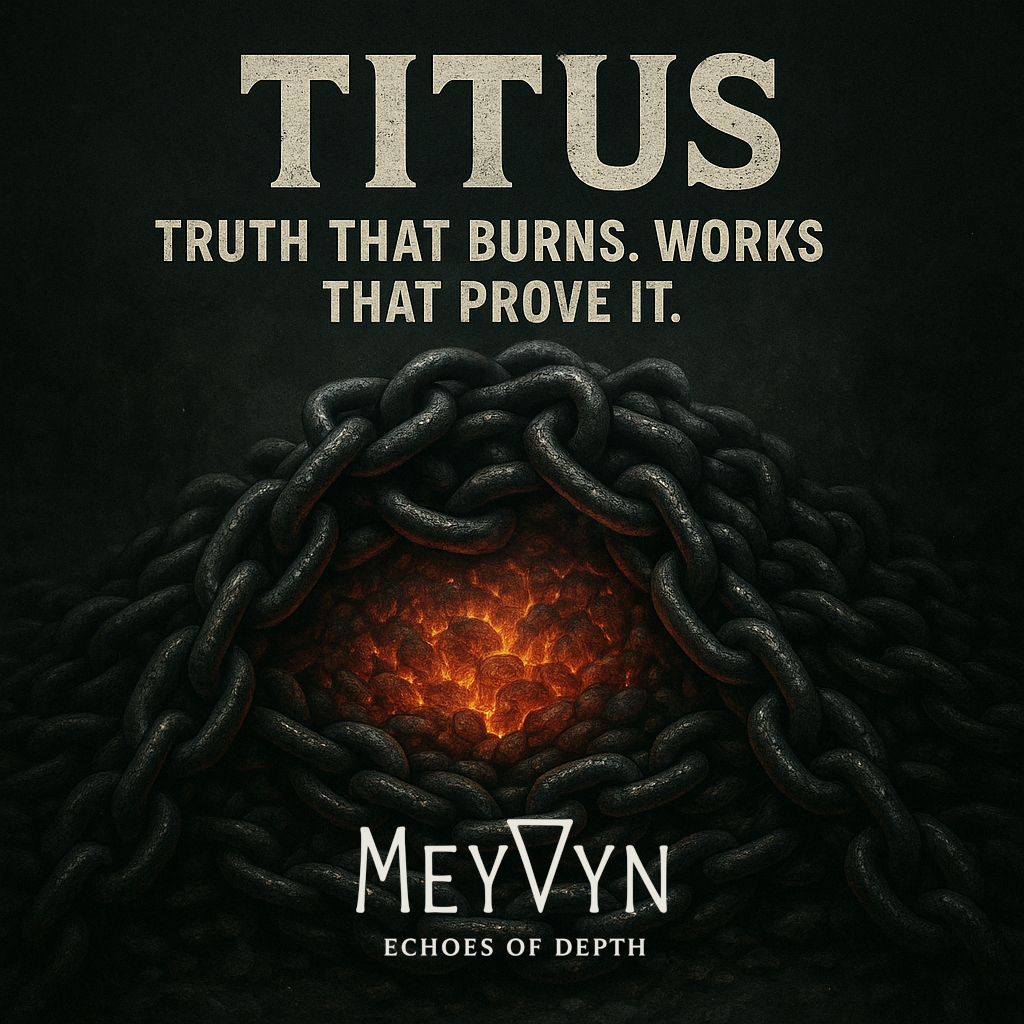 Album cover for Titus by MeyVyn. An ancient scroll rests on a wooden table illuminated by warm candlelight. The faint outlines of Greek lettering appear in the parchment texture. The title “TITUS” is displayed across the top in elegant gold serif type, evoking the tone of a sacred manuscript. The MeyVyn logo is centered at the bottom, completing the square composition. The imagery conveys heritage, truth, and the strength of biblical mentorship.