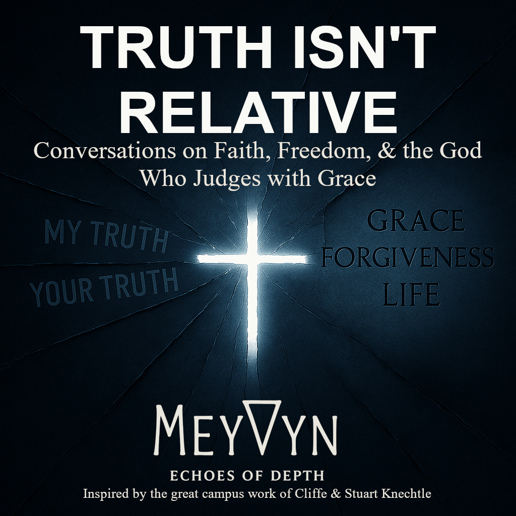 Album cover for Truth Isn’t Relative by MeyVyn. A single beam of white light slices through a black void, revealing a fractured stone tablet etched with the word “TRUTH.” The title “TRUTH ISN’T RELATIVE” appears boldly at the top in clean white serif text, glowing against the darkness. The MeyVyn logo is centered at the bottom. The composition reflects absolute truth piercing confusion — a declaration of moral clarity in an age of distortion.