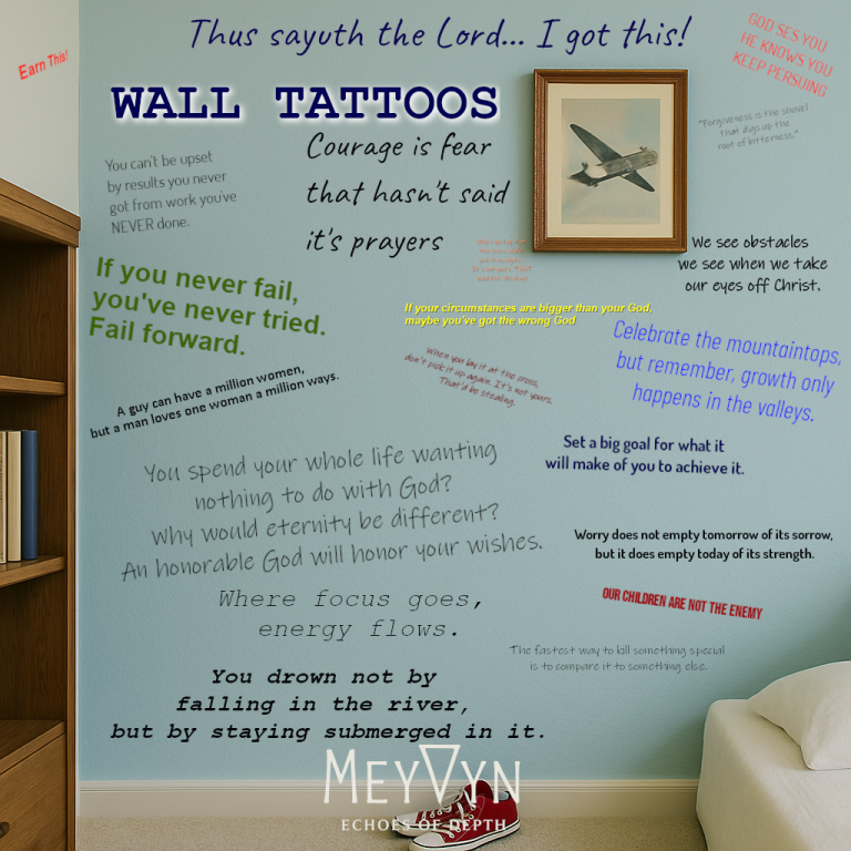 Album cover for Wall Tattoos by MeyVyn. A weathered stone wall etched with faint words and symbols glows softly under diffused light. Cracks and faded paint form ghostly patterns like memories carved in time. The title “WALL TATTOOS” appears in rustic serif lettering across the top, while the MeyVyn logo rests centered at the bottom. The image conveys themes of memory, permanence, and the messages we leave behind.