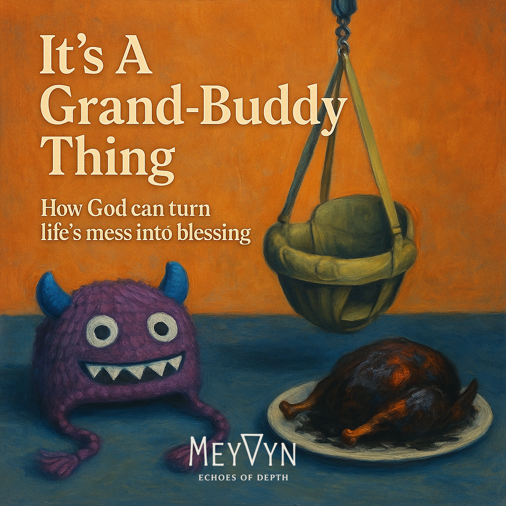 Album cover for It’s a Grand-Buddy Thing by MeyVyn. A heartwarming scene of a grandparent and child framed in soft golden light. The background glows with warm sunset hues of amber, rose, and gentle cream, evoking laughter, legacy, and love. The title “IT’S A GRAND-BUDDY THING” appears at the top in playful serif font, with the artist name “MEYVYN” centered at the bottom. The design conveys warmth, nostalgia, and the beauty of multi-generational connection.