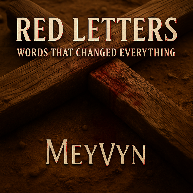 Album cover for Red Letters by MeyVyn. The title “RED LETTERS” appears boldly at the top in white font with a blood-red shadow that drips softly downward, evoking the ink of Christ’s words. Below it, the subtitle “Words That Changed Everything” is written in smaller matching style. The background is clean white with subtle texture, and the official MeyVyn logo sits centered at the bottom. The design symbolizes purity, sacrifice, and the living power of Jesus’ spoken words.
