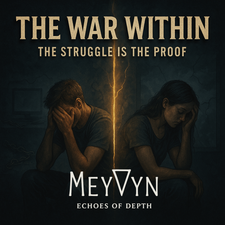 Album cover for The War Within by MeyVyn. A storm of fire and shadow collides across a cracked, smoky landscape. Faint silhouettes symbolize the inner struggle between light and darkness. The title “THE WAR WITHIN” appears at the top in metallic gold serif text, glowing faintly against the dark background. Beneath it, the MeyVyn logo rests centered at the bottom. The image captures themes of spiritual warfare, redemption, and the unseen battle for the soul.