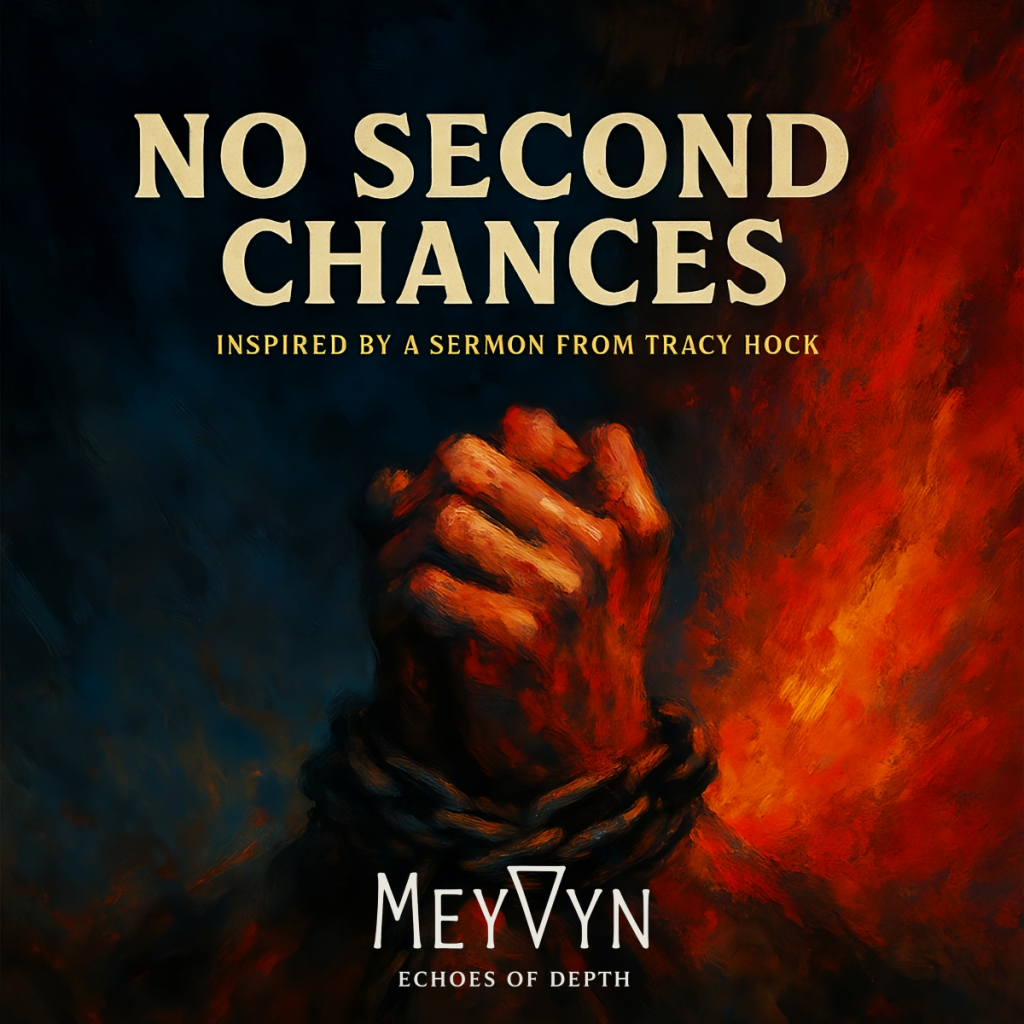 Album cover showing a chained hand raised against a dark background with red and orange flames, titled No Second Chances by MeyVyn