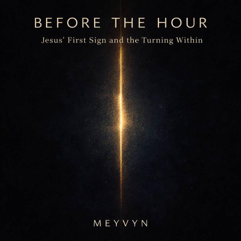 Abstract album cover with a vertical golden seam of light against a dark indigo background, titled “Before the Hour” by MeyVyn.