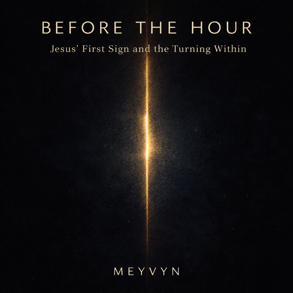 Abstract album cover with a vertical golden seam of light against a dark indigo background, titled “Before the Hour” by MeyVyn.