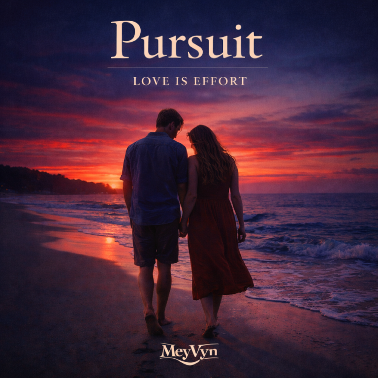 Album cover for Pursuit: Love Is Effort by MeyVyn featuring a couple walking along a beach at sunset in deep blue and red tones