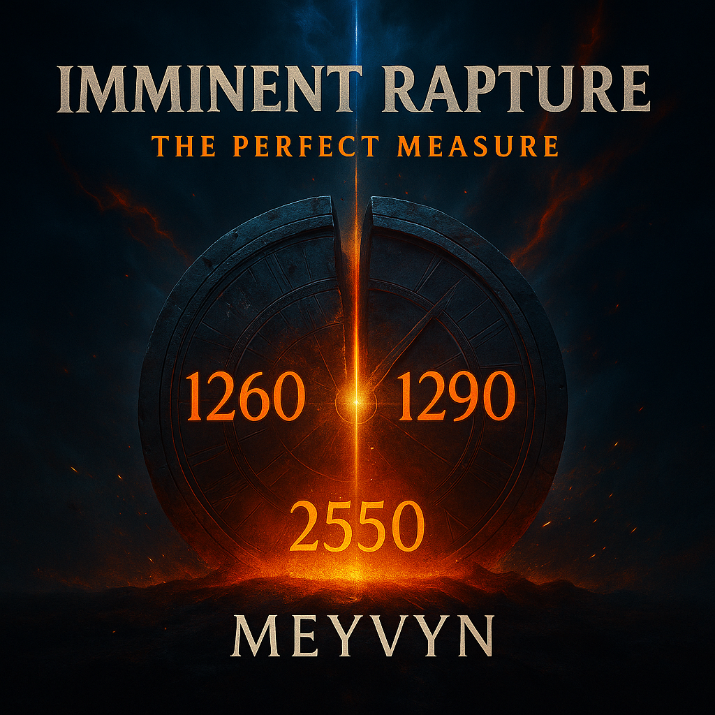 Album cover for Imminent Rapture The Perfect Measure featuring glowing biblical numbers 1260, 1290, and 2550 over a fiery storm-lit sky