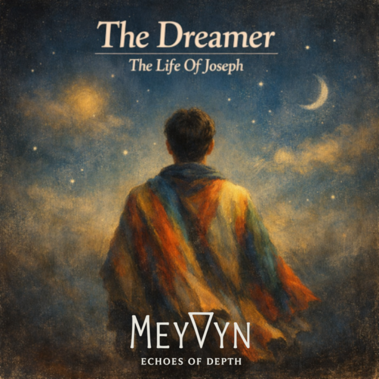 Man in multicolored robe standing beneath a dramatic sky with light breaking through clouds, album cover for The Dreamer inspired by the life of Joseph.