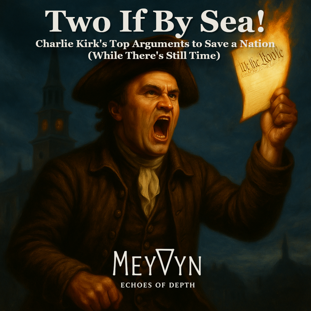 Charlie Kirk depicted as a colonial Paul Revere figure holding a flaming Declaration of Independence under a dark stormy sky for the album Two If By Sea by MeyVyn